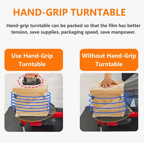 Heavy Duty Electric Pallet Stretch Film Dispenser Shrink Wrap Holder With Auxiliary Turntable demonstrating hand-grip turntable use.