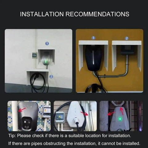 Installation recommendations for Kickass Heavy Duty EV Charger Cover includes setups against walls, displaying mounting options and cables.