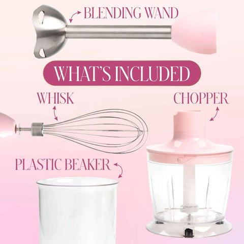 Image showing parts of Chic Pink And Gold 3 In 1 Immersion Blender With Whisk And Chopping Bowl 400W, including blending wand, whisk, chopper, and beaker.