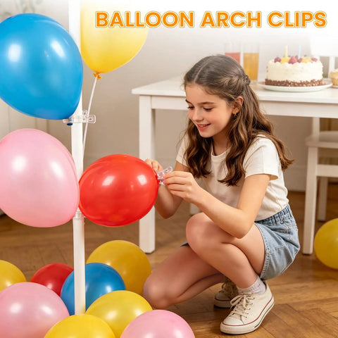 Child using Balloon Arch Clips Kit With 100 Long Balloons 10 Clear Plastic Spring Clamps For Backdrops Pro Grade