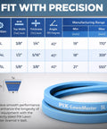 Blue PIX-LawnMaster aramid V-belt with dimensions chart, enhances equipment precision and longevity. Aramid-Corded Blue Kevlar V-Belt