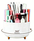 360 Degree Rotating Pen Holder With Five Slots, Your Go To Desk Organizer For Pens Pencils Markers Makeup And Small Supplies, Smooth Spinning Cup For Home Office Classroom And School Setup displaying supplies.