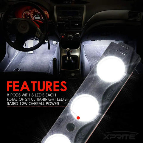 White Truck Bed Light Kit With 24 LEDs, 8 Pod Cargo Rock Lighting Kit illuminating a car interior showing LED brightness and features.