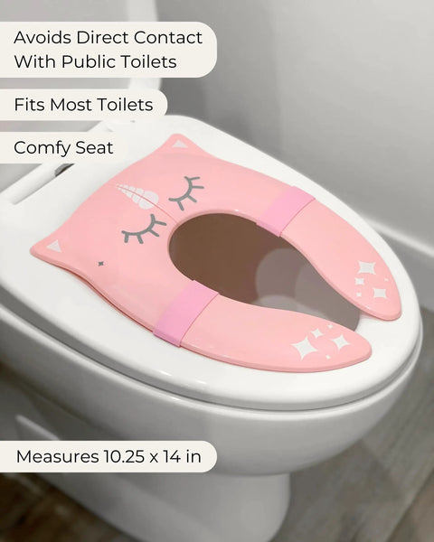 Foldable Travel Potty Seat For Toddlers Featuring A No Pinch Silicone Grip And Slick Non Slip Base Comes With A Pink Unicorn Bag on toilet, measuring 10.25 x 14 in.