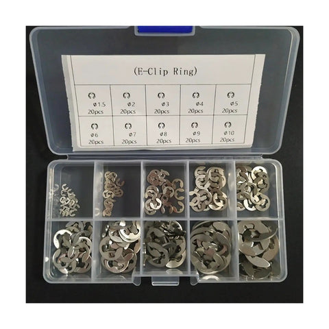 200 Piece Pro Grade Stainless Steel E Clip Washer Set M1.5 Through M10 304 Circlips Assortment Kit in plastic box with labels