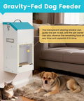 No Sweat Automatic Dog Feeder For Large Breeds With Galvanized Dry Food Dispenser and Clear Gravity Door Blocks Critters While Your Favorite Pup Enjoys Straight Up Chow Days Daily, featuring a gravity-fed design and a transparent viewing window.