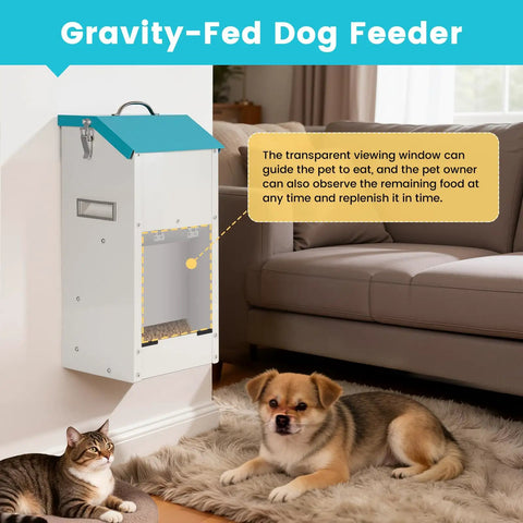 No Sweat Automatic Dog Feeder For Large Breeds With Galvanized Dry Food Dispenser and Clear Gravity Door Blocks Critters While Your Favorite Pup Enjoys Straight Up Chow Days Daily, featuring a gravity-fed design and a transparent viewing window.