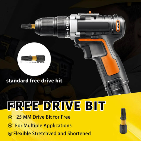 Cordless drill with T25 Torx bit and free drive bit offer, highlighting versatile usage for deck screws installation.