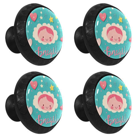 4 Piece Round Cabinet Knobs Set Dope Rustic Dresser Knobs Hello Baby Style with cute face illustration
