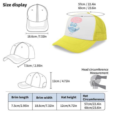 Yellow Unisex Sport Trucker Cap With Adjustable Buckle For All Day Comfort size details, brim length 7.5cm, head circumference 60cm