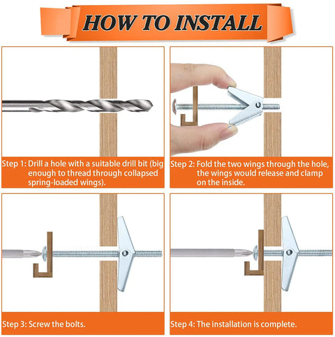 Installation guide for heavy duty toggle bolt and wing nut set for drywall 48 piece hollow wall anchors kit, step-by-step instructions