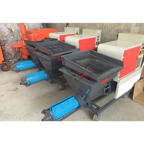 Electric Cement Spray Plaster Machine 30M Mortar Pump Wall Coating Rendering System with hoppers and blue rollers.