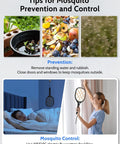 Tips for mosquito prevention and control with images of standing water, fruit, and mosquito swarms; woman using electric fly swatter.