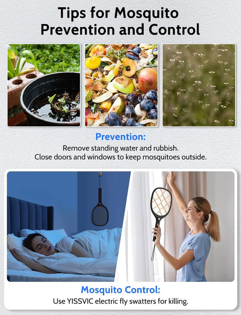 Tips for mosquito prevention and control with images of standing water, fruit, and mosquito swarms; woman using electric fly swatter.