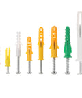 Drywall Anchors And Screws Kit With 100 Pieces, multi-colored anchors and metal screws arranged in size order