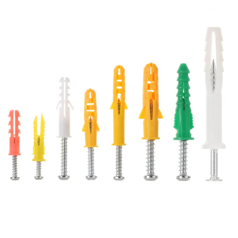 Drywall Anchors And Screws Kit With 100 Pieces, multi-colored anchors and metal screws arranged in size order
