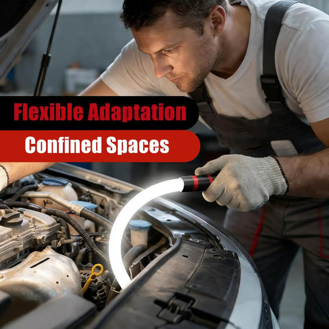 A mechanic uses a 30 Inch Bendable LED Flashlight Stick With Rechargeable Battery High Lumen Mechanic Light In 3 Modes For Tight Spaces Car Repairs Inspections Engine Bay Garage Projects to illuminate a car engine bay.