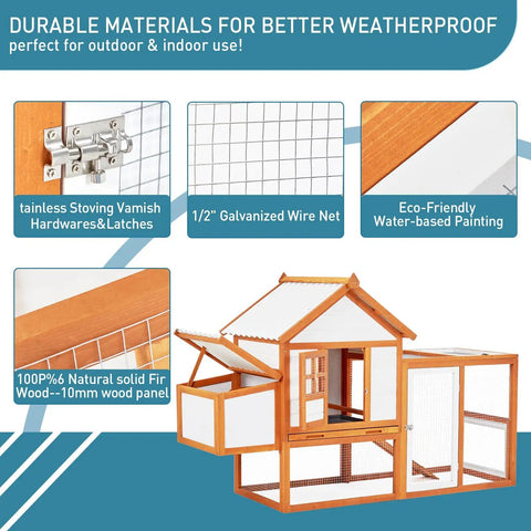 Outdoor Chicken Coop With Large Nesting Box And 5 Lockable Doors, Weatherproof Wooden Hen House With PVC Roof and Wire Mesh