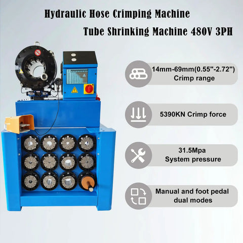 Top Shelf Heavy Duty Electric Hydraulic Hose Crimper With Precision Micrometer Scale And Thirteen Die Sets For Smoothly Crushing Zero Point Five Five To Two Point Seven Inch Fittings Fast With Four Eighty Volt Power, blue crimping machine with 13 die sets.