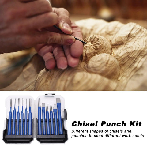 12 Piece Chisel Punch Kit with conical and tapered chisels in CRV V chrome vanadium steel for metalworking and DIY projects
