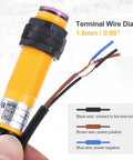 Workhorse Diffuse Photoelectric Sensor M18 30cm Range 6 To 36VDC Adjustable Optical PNP NO showing terminal wire connections