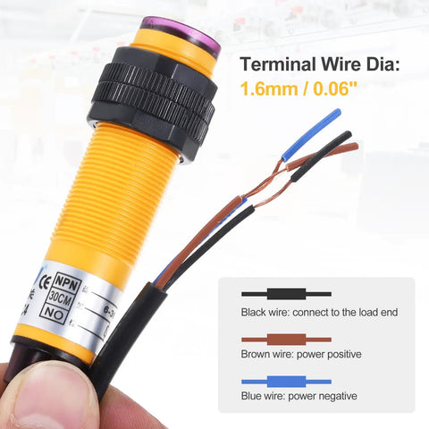 M18 Photoelectric Sensor 30 cm Diffuse Switch, 6-36V DC, NPN NC Three-Line Proximity Sensor wires and terminal size info