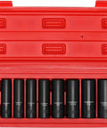 Eleven Piece Deep Impact Socket Set With One Half Inch Drive SAE Three Eighths To One Inch Six Point Flank Drive in red case