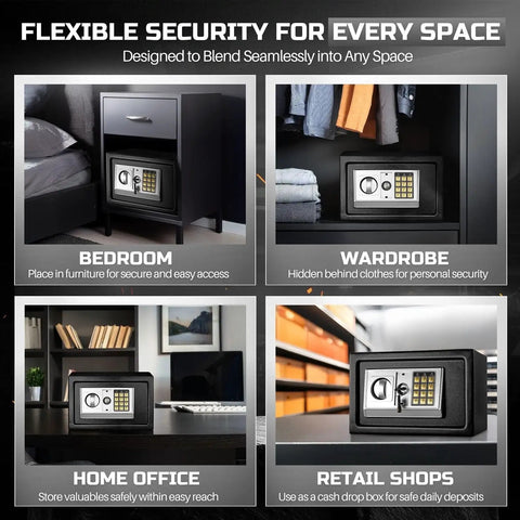 Compact Drop Slot Safe Box With Digital Keypad Lock placed in bedroom, wardrobe, home office, and retail shop, 12x8x8 inches, matte black