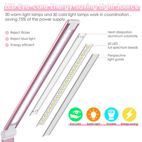 Diagram of Game Changing LED Desk Lamp With Wireless Charger And USB Port showcasing LED light beads and energy-saving features.