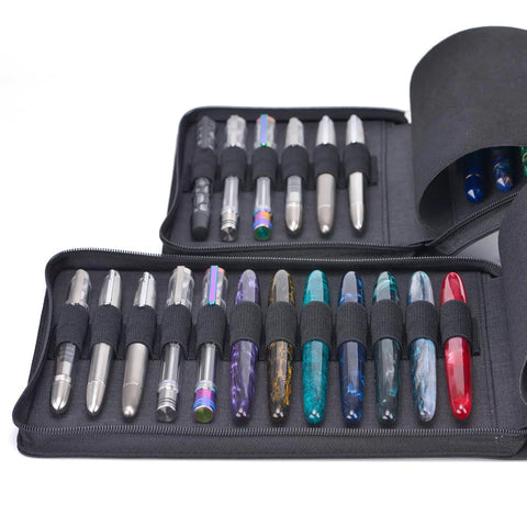 Open view of 24 Slot Fountain Pen Case Black Organizer Bag Waterproof Canvas Pen Display Holder With Individual Slots And Zippered Storage