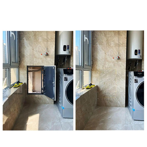 Heavy Duty Steel Bathtub Access Door For Drywall Featuring Concealed Touch Latch Tile Panel For Walls Ceilings Seamless Waterproof Plumbing Cover Plate Large Gray Hella Smooth Press Open Action shown in a laundry room with open and closed views.