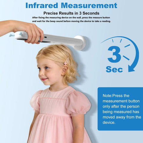 Portable Infrared Height Measurer For Kids And Adults With Quick Three Second Read In Feet And Meters Super Handy Cordless Handheld Wall Mounted Height Gauge Reaches Up To Two Hundred Forty Centimeters, wall-mounted over child