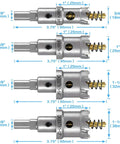 Side view of a 4-piece tungsten carbide hole saw drill bit set with detachable pilot bits and Allen wrench; diameters 3/4"–1-1/2", 1" cut depth.