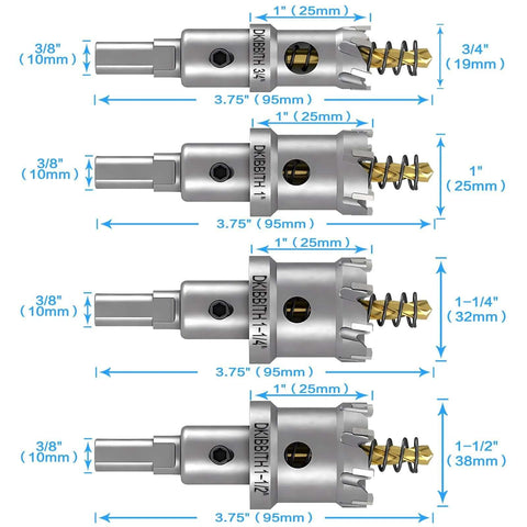 Side view of a 4-piece tungsten carbide hole saw drill bit set with detachable pilot bits and Allen wrench; diameters 3/4"–1-1/2", 1" cut depth.