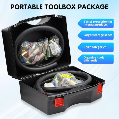 Auto AC Hose And Fitting Kit 32 Pc Set With 6 8 10 Size Hoses And Line Adapters in portable toolbox packaging