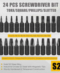 Front view of a black 24-piece screwdriver bit set with Torx, square, Phillips and slotted bits; 1/4" hex shank.