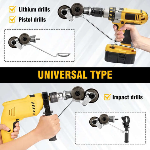 Electric Drill Plate Cutter Attachment For Cutting Metal Plates 0.8mm Capacity shown attached to different drill types