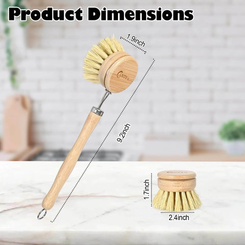 Bamboo dish brush set with handle plus 4 replacement heads, compostable sisal soft bristles for kitchen utensils, ergonomic grip
