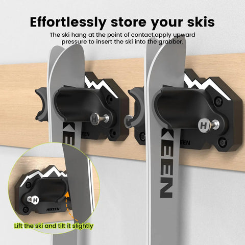 Badass Ski And Snowboard Wall Mount Two Pack with non-slip grips holding skis on a wooden wall, demonstrating storage solution.