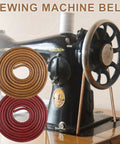 Two Treadle Sewing Machine Belts With 30 Piece Accessories Kit For DIYers And Crafters Including Bobbins Needles Threaders Hemming Clips Awl Scissors And More. coiled leather sewing machine belts for vintage treadle machine