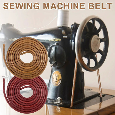 Two Treadle Sewing Machine Belts With 30 Piece Accessories Kit For DIYers And Crafters Including Bobbins Needles Threaders Hemming Clips Awl Scissors And More. coiled leather sewing machine belts for vintage treadle machine