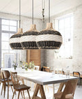 Boho Rattan Pendant Light For Kitchen Island Handmade Woven Chandelier In Black And White Coastal Rustic Lamp over dining table