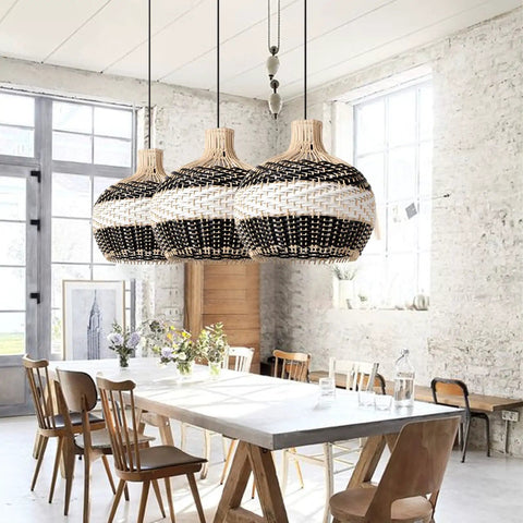 Boho Rattan Pendant Light For Kitchen Island Handmade Woven Chandelier In Black And White Coastal Rustic Lamp over dining table
