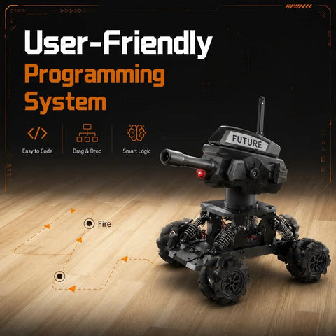 360 Degree Drifting RC Tank Kit For Teens And Beginners, Hands On STEM Robot Project With Simple Coding, metal frame on wood
