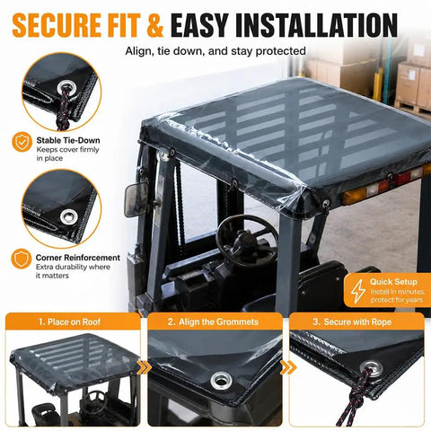 Tough As Nails Tinted Semi Transparent Forklift Roof Cover With Reinforced Rope And Rust Resistant Grommets Shop Safe Rain Guard Replacement Canopy dimensions 53 by 45 inches, showing secure fit and installation process.
