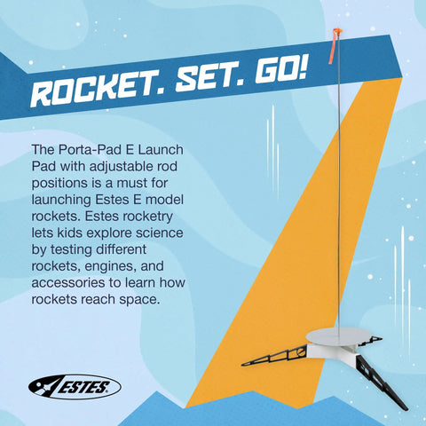 Illustration of Porta Pad E Launch Pad For Model Rockets, Quick Setup Rocket Launch Pad Kit with adjustable rod positions.