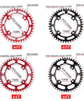 Various sizes of round chainring 104BCD narrow wide teeth with anodized finish, shown in red and black, 7 to 12 speed compatible