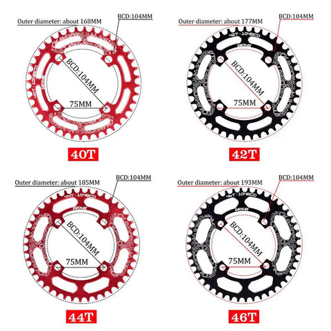 Various sizes of round chainring 104BCD narrow wide teeth with anodized finish, shown in red and black, 7 to 12 speed compatible