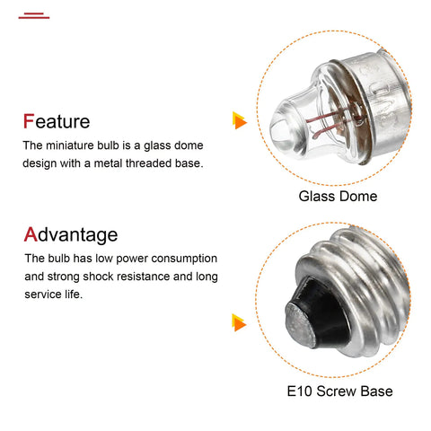 Hella Bright E10 Miniature Bulbs, DC 3V Warm Yellow Glow Screw Base Torch Lamps Indicator Lights, Durable Glass Dome Design close-up view.