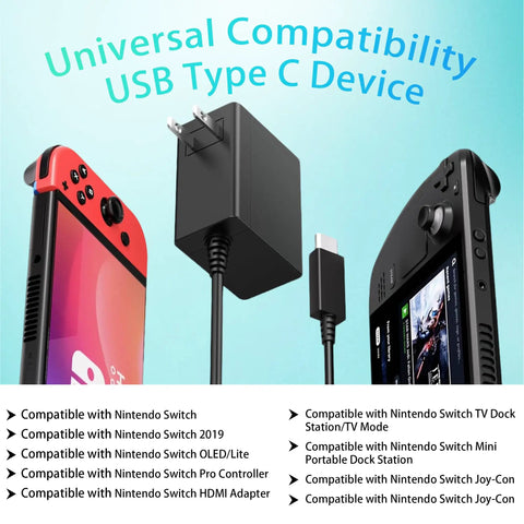 Fast USB-C Charger For Nintendo Switch With USB-C Cord, Compatible With Switch OLED, Switch Lite, And Steam Deck, Powers TV Mode Dock, High Output For Smooth Console Play On Big Screen. Black wall charger with USB-C cord beside Switch OLED and Steam Deck